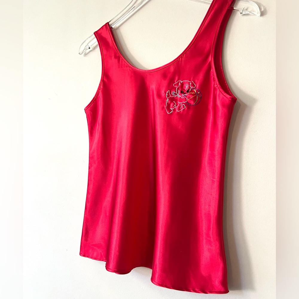 Embroidered Puppy Red Satin Cottagecore Tank - Picture 4 of 6